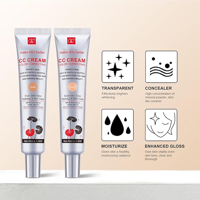 Color Correcting CC Cream with SPF 25, Coverage Lightweight Foundation, Hydrating Serum, Even Skin Tone Makeup and Skin Care, Refine Skin Texture, Avoid Sun Damage