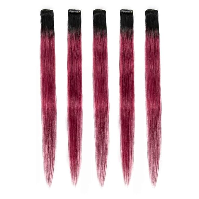 WINSKY Burgundy Ombre Clip in Colored Hair Extensions- Hairpiece for Women Clip on 5 Pieces/set (18 Inch,1B-Burgundy)