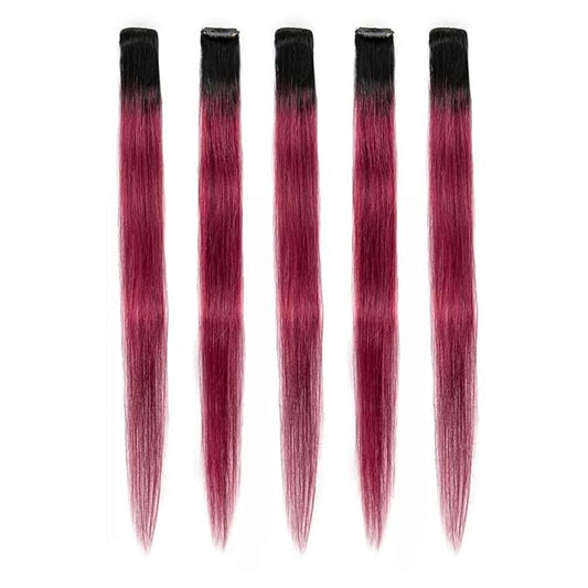 WINSKY Burgundy Ombre Clip in Colored Hair Extensions- Hairpiece for Women Clip on 5 Pieces/set (18 Inch,1B-Burgundy)