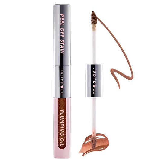 JUDYDOLL Peel Off Stain and Plumping Oil Duo - Long-Lasting Lip Stain with 3D Plumping Gloss, Hydrating and Non-Sticky Formula, Macaron-Inspired Lipstick (#05 Coco Bronze)