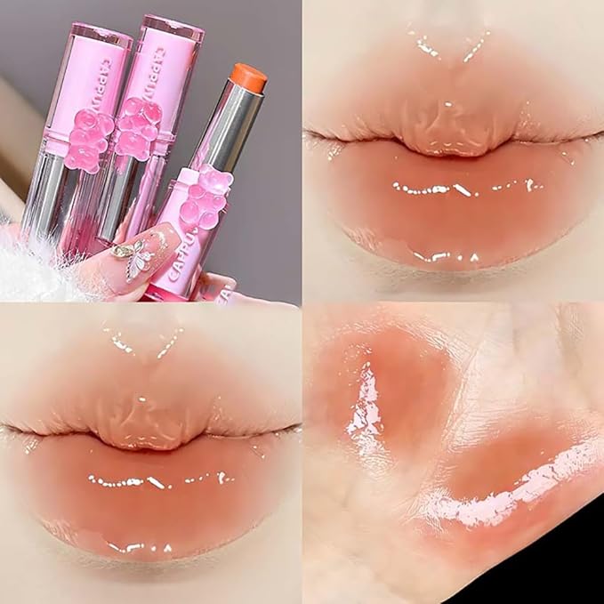 3 Pcs Cute Bear Glossy Lipstick Set, Moisturizing Smooth Sweet Tinted Lip Balm, Hydrating Non-Stick Cup Jelly Lipstick Gift Set, Lip Makeup for Girls (Light Pink, 3 PCS)