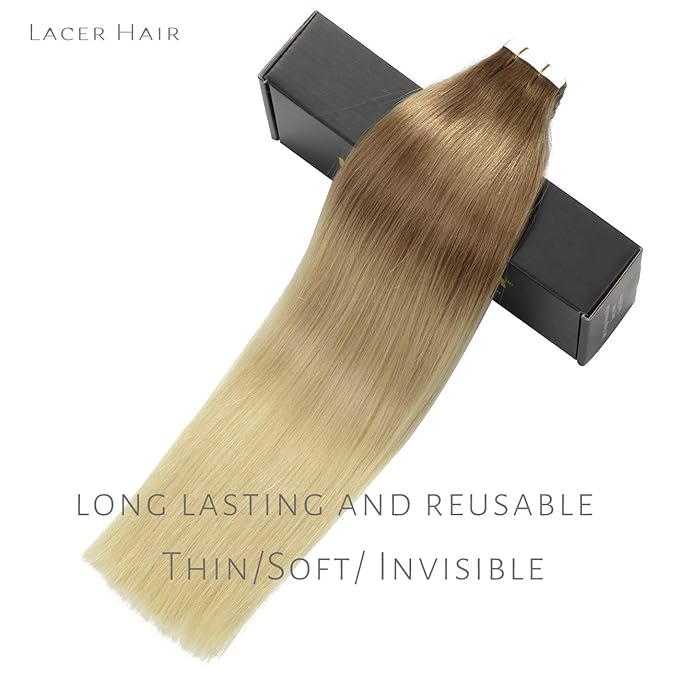 Lacer 16 Inch Tape in Hair Extensions Real Remy Human Hair 20pcs 50g Bronde Color to Bleach Blonde Tape in Hair Extensions for Women T#10-613