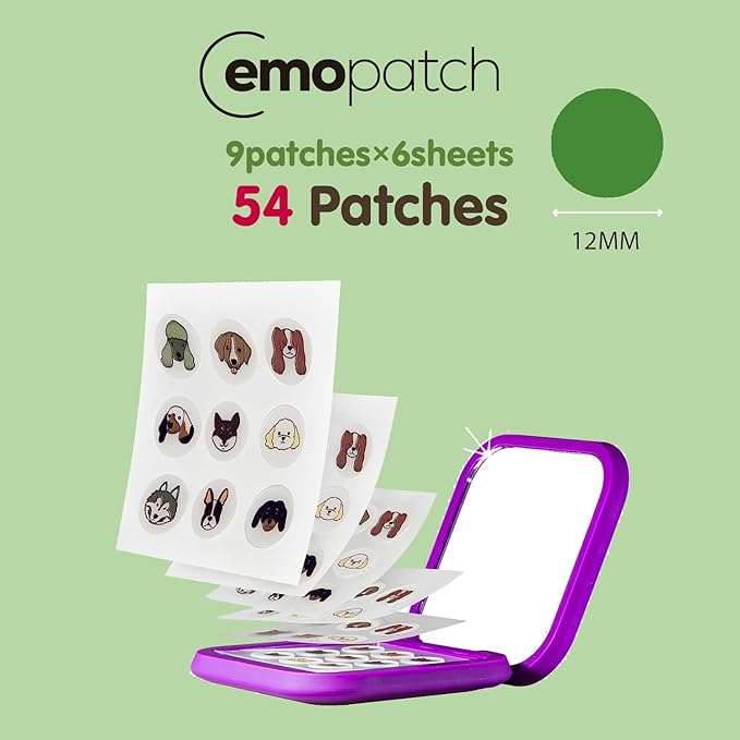 Acne Pimple Patches for Face 54 Count with Mirror Case for Day & Night Use - Hydrocolloid Pimple Pads, Emoji-Themed Blemish Dots, Clear Skin Treatment (Dog)