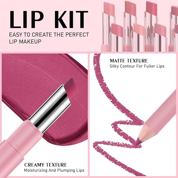 2-in-1 Dark Purple Matte Lip Liner & Lipstick Combo Set,Lips Kit with Lip Liner Lip Stains Long Lasting Waterproof Smudge Proof for Older Women 24 Hours Lipliners Pencil Lipstick Makeup Gift Kit