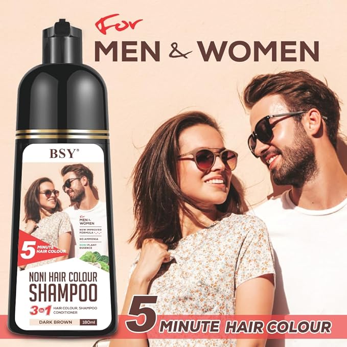 BSY Noni Hair color shampoo - 6 fl oz - Pump Pack | No Ammonia | 3 in 1 - Hair Dye Shampoo, conditioner for women | Noni Fruit Hair Dye for Men | 5 Minutes Hair Color (Dark Brown)
