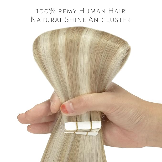 Lacer Hair Extensions Real Human Hair Tape in Silky Straight Ash Blonde to Light Blonde Tape in Extensions Human Hair 24 Inch 50G 20Pcs Tape Ins
