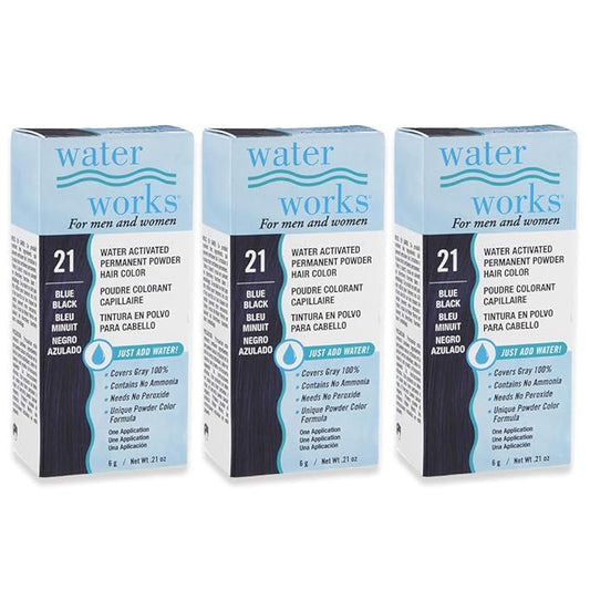 Water Works Hair Color Powder, Blue Black – Permanent Hair Dye for Root Touch-Up & Full Coverage, Men & Women, 3 Pack