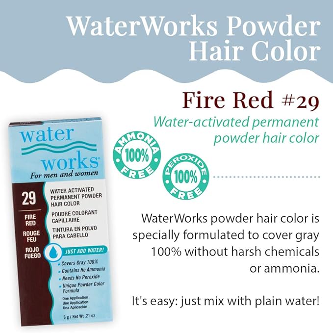 Water Works Hair Color Powder, Fire Red – Permanent Hair Dye for Root Touch-Up & Full Coverage, Vivid Color, Men & Women, 3 Pack