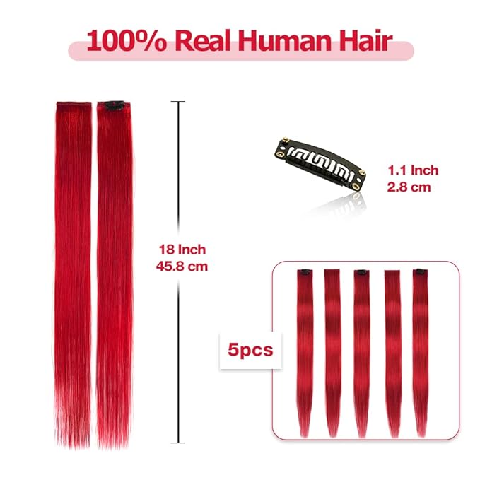 Winsky Red Hair Extensions Clip in Human Hair - 100% Straight Party Highlights Clip on Colored Hair Extensions 5 Pieces/Set (18inch,Red)