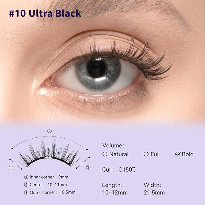 Soft Magnetic Eyelashes Kit with Applicator, No.10 Ultra Black BearisBug, Reusable Glue-free Wispy Magnetic Lashes, Cruelty-free False Lashes, Waterproof, Lightweight, Suit for Heavy Makeup