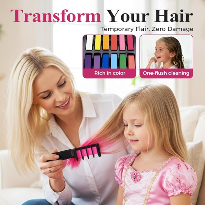 12 Colors Festive Fun Hair Chalk Combs, 2026 New Temporary Glitter Hair Colors Hair Chalk Combs, Washable DIY Hair Color Dye for Birthday Christmas Party Gifts for Teenage Girls Kids (10 Colors)