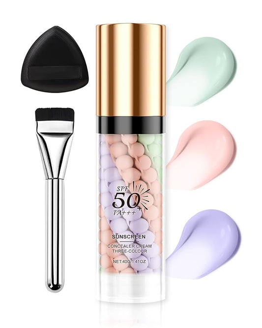 3 In 1 Primer for Face Before Makeup, SPF 50+++Sunscreen Isolation Cream One Step Concealer Color Corrector Primer Base,Moisturizing&Oil Control Skin Tone Correcting Foundation for Women Radiance Skin