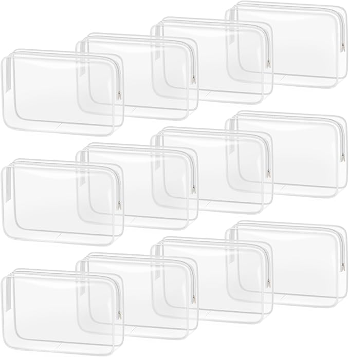 TISRATOK 12 PCS Clear Makeup Bag for Women with Zipper, TSA Approved Toiletry Pouch, Cosmetic Bag Bulk for Travel Organizer Essentials - White,Large