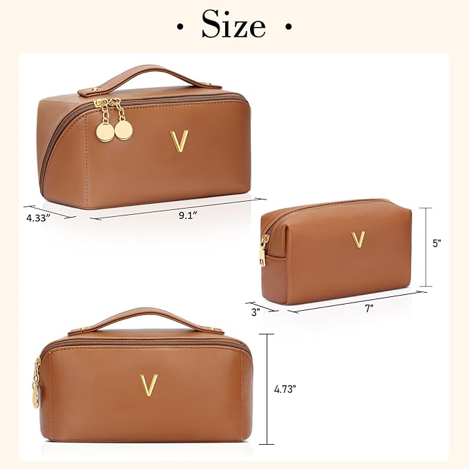 Birthday Gifts for Women Teen Girl, Personalized Initial Makeup Organizer Bag Set, Open Flat Travel Cosmetic Bag With Clear Divider and Handle(Brown,V)