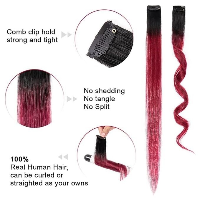 WINSKY Burgundy Ombre Clip in Colored Hair Extensions- Hairpiece for Women Clip on 5 Pieces/set (18 Inch,1B-Burgundy)