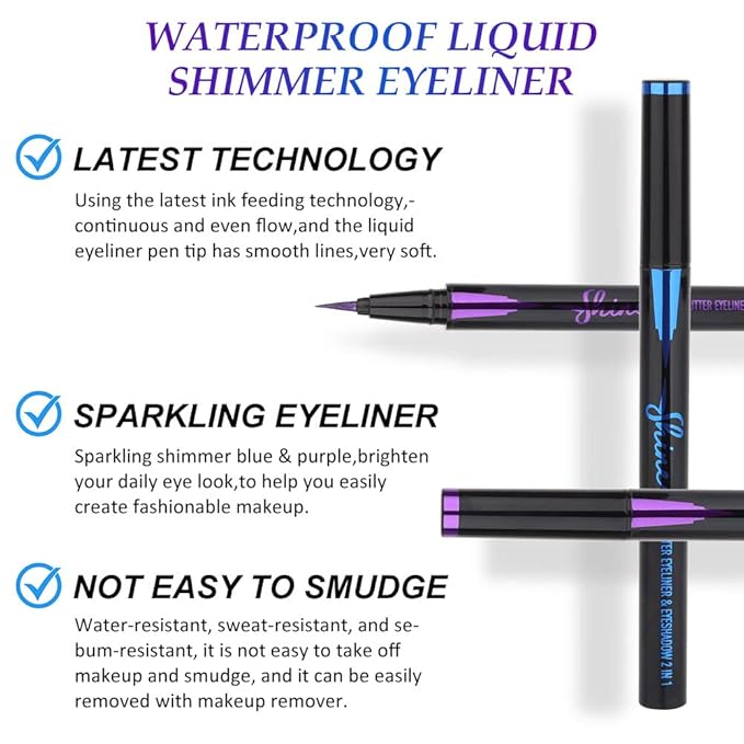 evpct 2Pcs Royal Blue & Purple Glitter Colored Liquid Eyeliner Eye Shadow Makeup Pencil Set, Purple Blue Face Body Glitter Makeup Fake Eyelashes Mascara, Sparkle Metallic Shimmer Eyeliner Waterproof