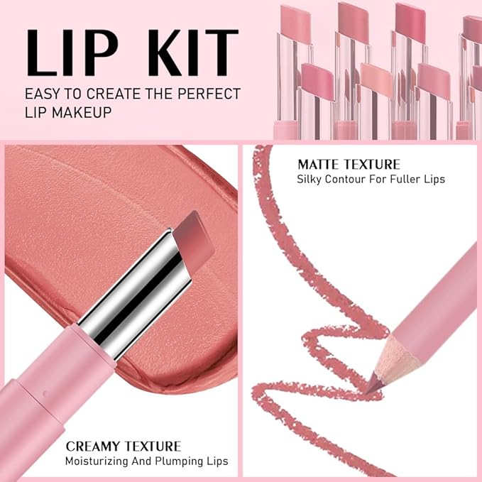 2-in-1 Nude Brown Matte Lip Liner & Lipstick Combo Set,Lips Kit with Lip Liner Lip Stains Long Lasting Waterproof Smudge Proof for Older Women 24 Hours Lipliners Pencil Lipstick Makeup Gift Kit,Vegan
