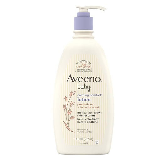 Aveeno Baby Calming Comfort Moisturizing Body Lotion with Relaxing Lavender & Vanilla Scents, Non-Greasy Baby Lotion, Nourishing Prebiotic Oatmeal, Paraben- & Phthalate-Free, 18 fl. oz