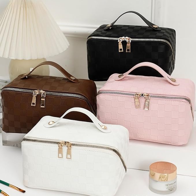 Large Capacity Makeup Bag Portable Travel Cosmetic Bag for Women Girls Gift Makeup Pouch Portable Zipper Bag (Pink Checkered - upgrade)