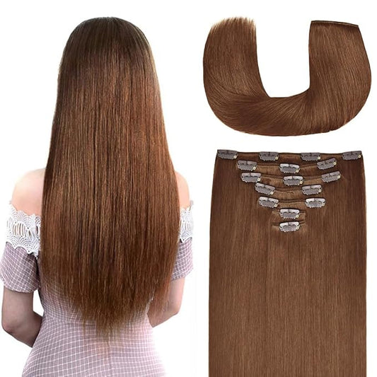 12 Inch Clip-in Hair Extensions Remy Human Hair for Women - Soft Handmade Real Human Hair Clip in Extensions, Straight, Thick, 105g 7pcs Light Brown #6 Color