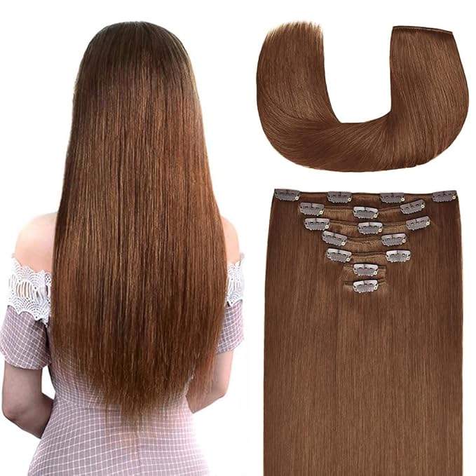 20 Inch Clip-in Hair Extensions Remy Human Hair for Women - Soft Handmade Real Human Hair Clip in Extensions, Straight, Thick, 155g 7pcs Light Brown #6 Color