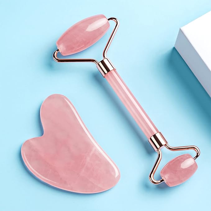 HOTACE Jade Roller Gua Sha Set Natural Rose Quartz Jade Roller for Face Beauty Facial Roller Massager Tools Face Skin Care Tools-Pink