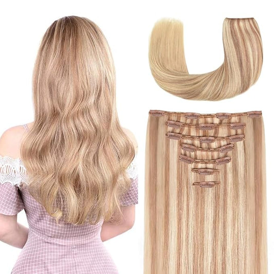 20 Inch Clip-in Hair Extensions Remy Human Hair for Women - Soft Handmade Real Human Hair Clip in Extensions, Straight, Thick, 155g 7pcs #18-613 Color