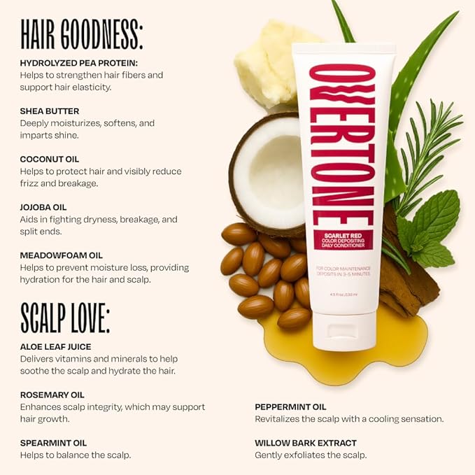 Overtone Daily Color Depositing Conditioner - 4.5oz Temporary Coloring Conditioner with Shea Butter & Coconut Oil - Refresh Color & Prevent Fading - Vegan & Cruelty-Free, Red for Brown is Scarlet Red