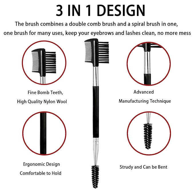 2PCS Eyebrow Eyelash Brush 3 Head Eyelash Comb Double Head Brush Makeup Grooming Tool Cosmetic (White+Black)