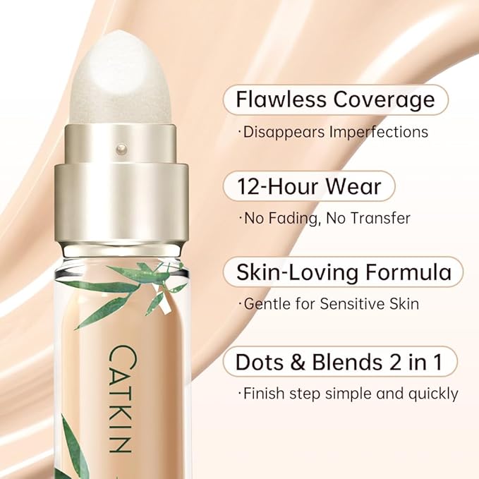 CATKIN Full Coverage Dual-Ended Liquid Concealer Eraser Dark Circles Treatment, Creamy Blendable smooth formula for Blemishes Redness, Long Lasting Waterproof, Sponge Tip Included 5g C04 SILK