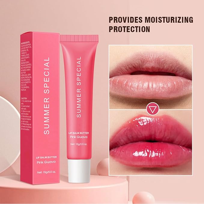 Summer Lip Glossy Butter Balm, Instant Moisture Pink Tint, Non-Sticky, Conditioning Formula to Soothe & Repair Dry, Chapped Lips, Jelly Lip Stain with Natural Scent (#5Pink Guava, 1Pc)