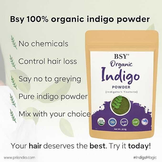 BSY Organic Indigo Powder - 100% Natural Indigofera Tinctoria (Indigo), Triple Sifted Avuri Leaf Powder for Hair Coloring - 100g / 0.5 LB