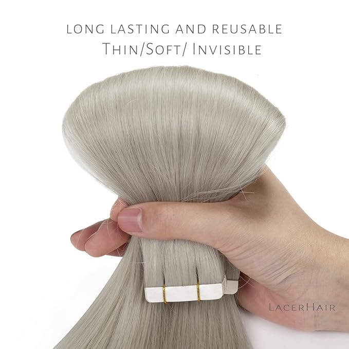 Lacer Hair Extensions Tape in Human Hair Real Hair Silver Seamless Skin Wefts Tape-on Remy Hair Extensions Light Grey Tape in Hair Extensions Invisible Double Sided Tape Ins 16 Inch 20Pcs