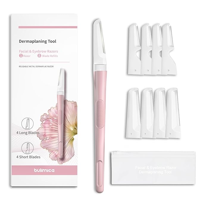 Dermaplane Razor for Women Face, Precision Face Razors for Women, Dermaplaning Tool, Gentle Exfoliation, Perfectly Shape Brows, Reusable Metal Handle with 8 Microblades, Pink