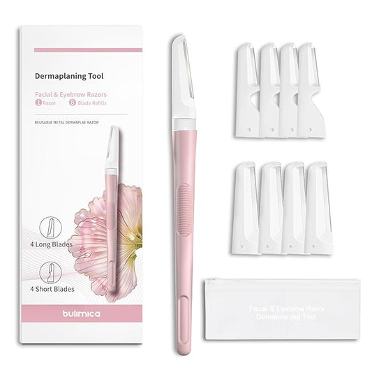 Dermaplane Razor for Women Face, Precision Face Razors for Women, Dermaplaning Tool, Gentle Exfoliation, Perfectly Shape Brows, Reusable Metal Handle with 8 Microblades, Pink