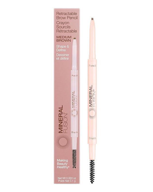 Mineral Fusion Retractable Brow Pencil (Medium Brown) - TZR 2025 Beauty Heroes Award Winner - Shape & Define Eyebrow with Blending Spoolie Brush - Velvety Smooth, Long-Lasting Color - Vegan Formula