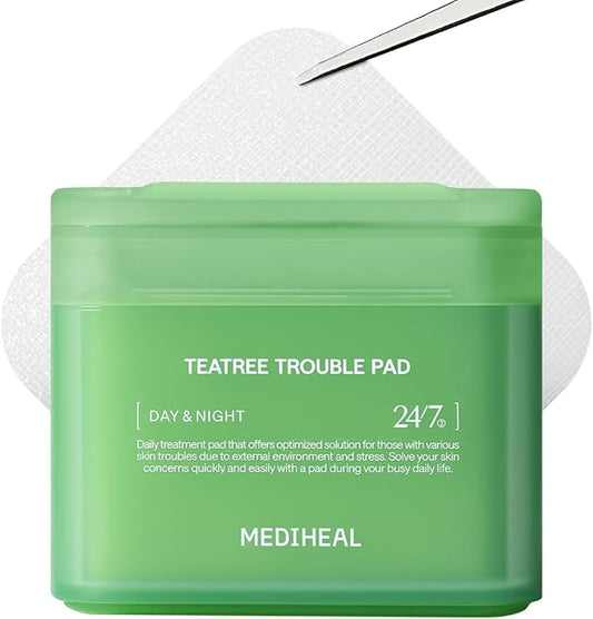 MEDIHEAL Toner Pads [Teatree] - Trouble Care Toner Pad with Teatree & Lactobacillus - Calming & Soothing for Sensitive & Acne Prone Skin - Vegan Hypoallergenic Face Gauze (100 Count)