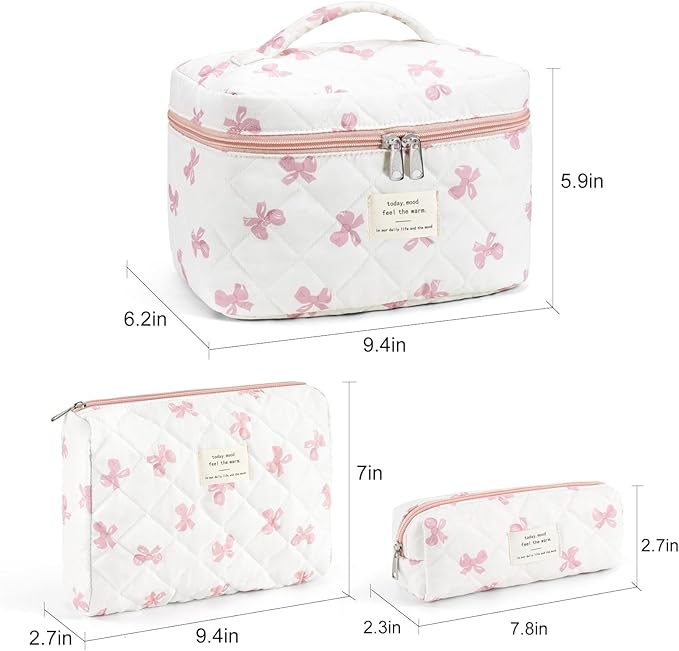 Makeup Bag for Women 3PCS Quilted Cotton Make Up Bag Travel Cosmetic Bag Large Makeup Bag Set Cute Bow Makeups Purse Organizer Floral Toiletry Pouch