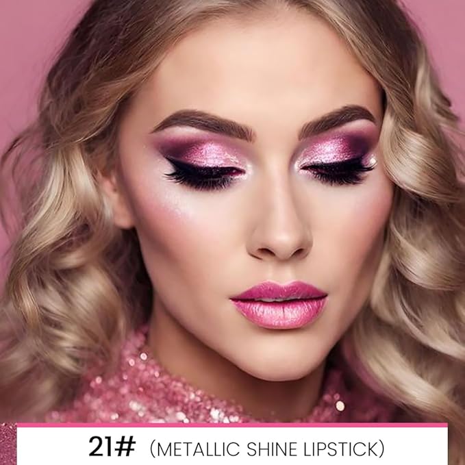 2-in-1 Rose Lip Liner & Lipstick Set Kit for Women, Metallic Lips Kit with Lip Liner Lip Stains Long Lasting Waterproof 24 Hour Lipstick and Lip Liners Combo Lipliners Pencil Set 21