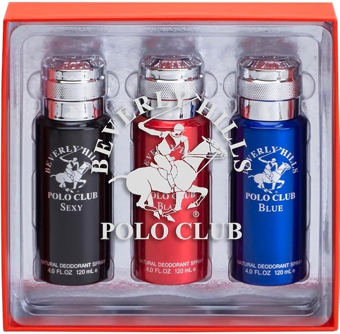 BHPC Men's Deodorant Body Spray Collection - 3 Piece Deodorizing Natural Body Spray Gift Set for Men - Beverly Hills Polo Club Long Lasting Odor Protection Deodorant - Sexy, Blaze and Blue (4 Oz Each)