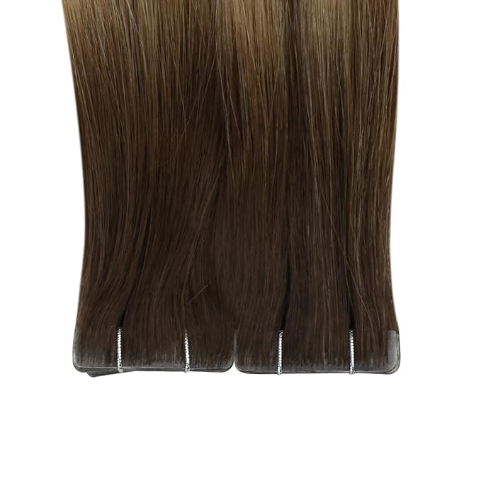 Full Shine Injected Tape in Hair Extensions 5Pcs 18 Inch Virgin Injection Tape in Extensions Color 3 Brown Fading to 8 Ash Brown And 22 Blonde Unprocessed Seamless Tapes in Human Hair 12.5 Gram