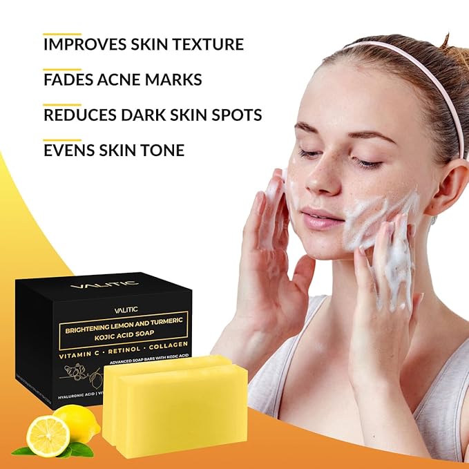 VALITIC Brightening Lemon & Turmeric Kojic Acid Soap with Vitamin C, Retinol, Collagen - Original Japanese Complex - with Hyaluronic Acid, Vitamin E, Shea Butter, Castile Olive Oil 2 Pack+Holder