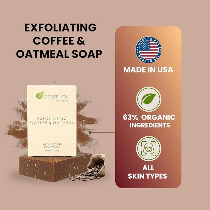 Aspen Kay Naturals Coffee & Oatmeal Exfoliating Soap, Natural and Organic Coffee Scrub. With Organic Shea Butter & Pure Essential Oils. A Wonderful Oatmeal Soap, For Men & Women. 4.5 oz Bar.