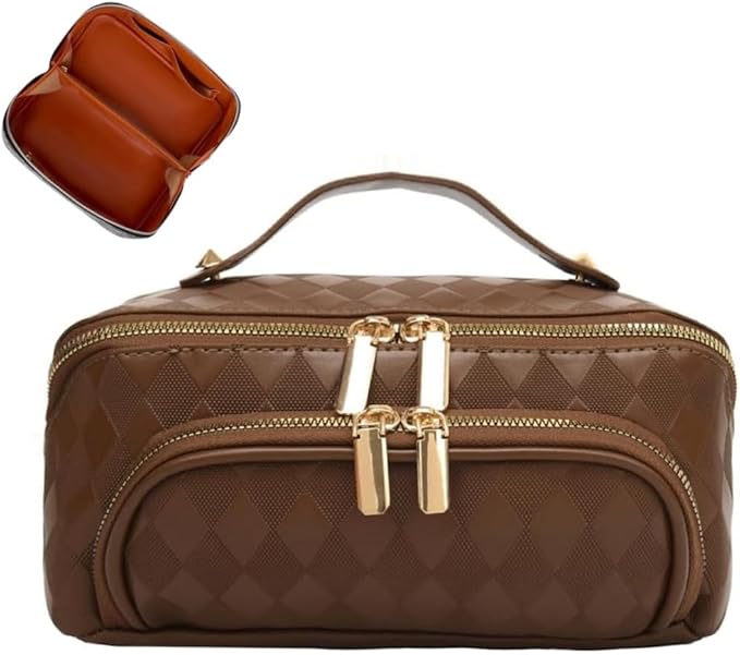 Large Capacity Checkered Makeup Bags Portable Travel Cosmetic Bags Open-Flat Toiletry Bag for Women Girls Make Up Organizer with Divider Pouch Zipper Bag (B-brown)