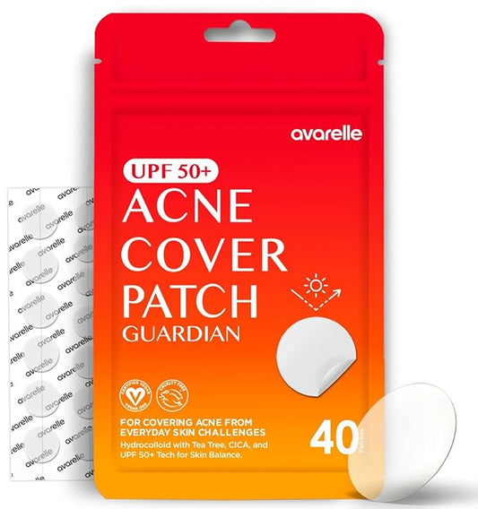 AVARELLE Acne Cover Patch Guardian – Invisible UPF 50+ Daytime Sun Guard Hydrocolloid Pimple Patches with Cica, Tea Tree & Calendula, Smart Acne Patch for Acne-Prone Skin, 40 Count