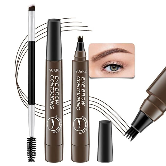 Kaely 2Pcs Microblading Eyebrow Pen with Brush, Magical Precise Waterproof Brow Pen, 4 Tip Eyebrow Contouring Eye Brow Pencils for Women, Creates Natural Brows, Sponge Head 02 Dark Brown