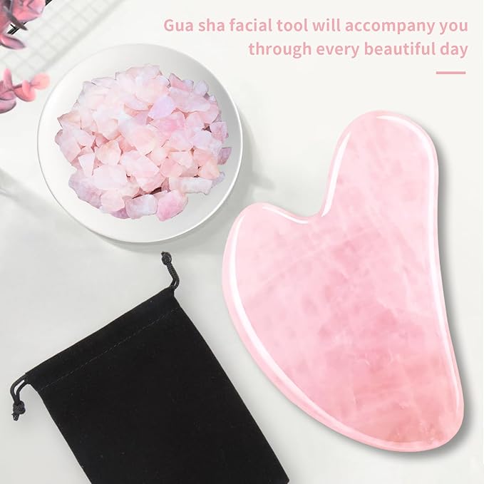 Gua Sha Facial Tools, Natural Rose Quartz Guasha Tool for Face, Double Chin & Jawline, Gua Sha Stone Self-Skin Care Face Stone Gua Sha Tools for Women, Pink