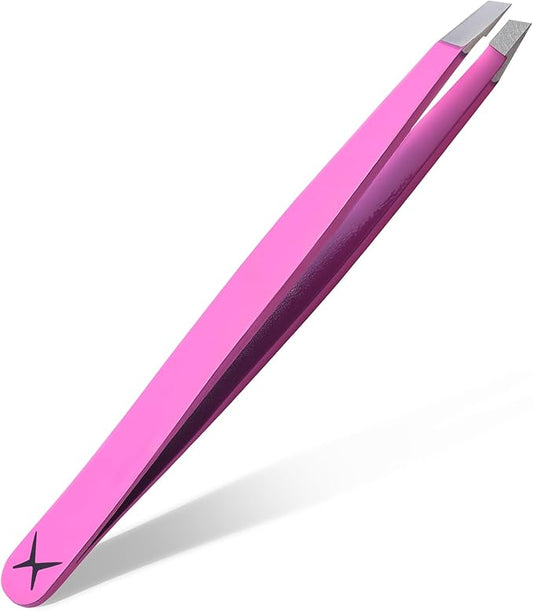 Slanted Stainless Steel Tweezers for Men & Women - Precision Eyebrow Tweezers for Facial Hairs, Strong Grip, Fine Tip, Professional Tweezer for Plucking & Grooming (Pink)