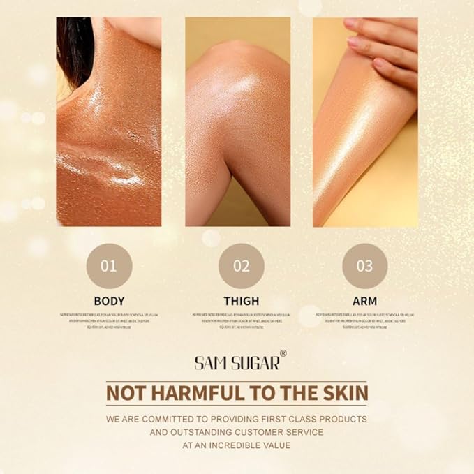 SAM SUGAR Shimmer Body Oil 3.38 Fl OZ Long Lasting Liquid Illuminator with Brush for Body Glow Illuminating Body Moisturizer 100ml Body & Face Highlighter for a Radiant Glow（03#）