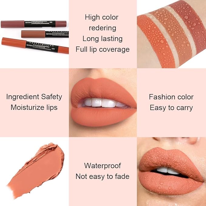 Generic Deep Dark Red Matte Lipstick and Lip Crayon Liner Pencil Pen Set for Women Lip Stain Long Lasting Waterproof labiales (1, 1Pcs 19# Yellow Brown)